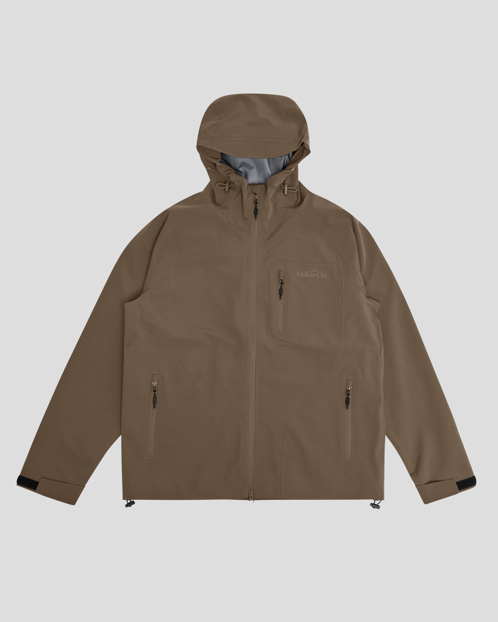 Brown jacket with a hood on a light gray background