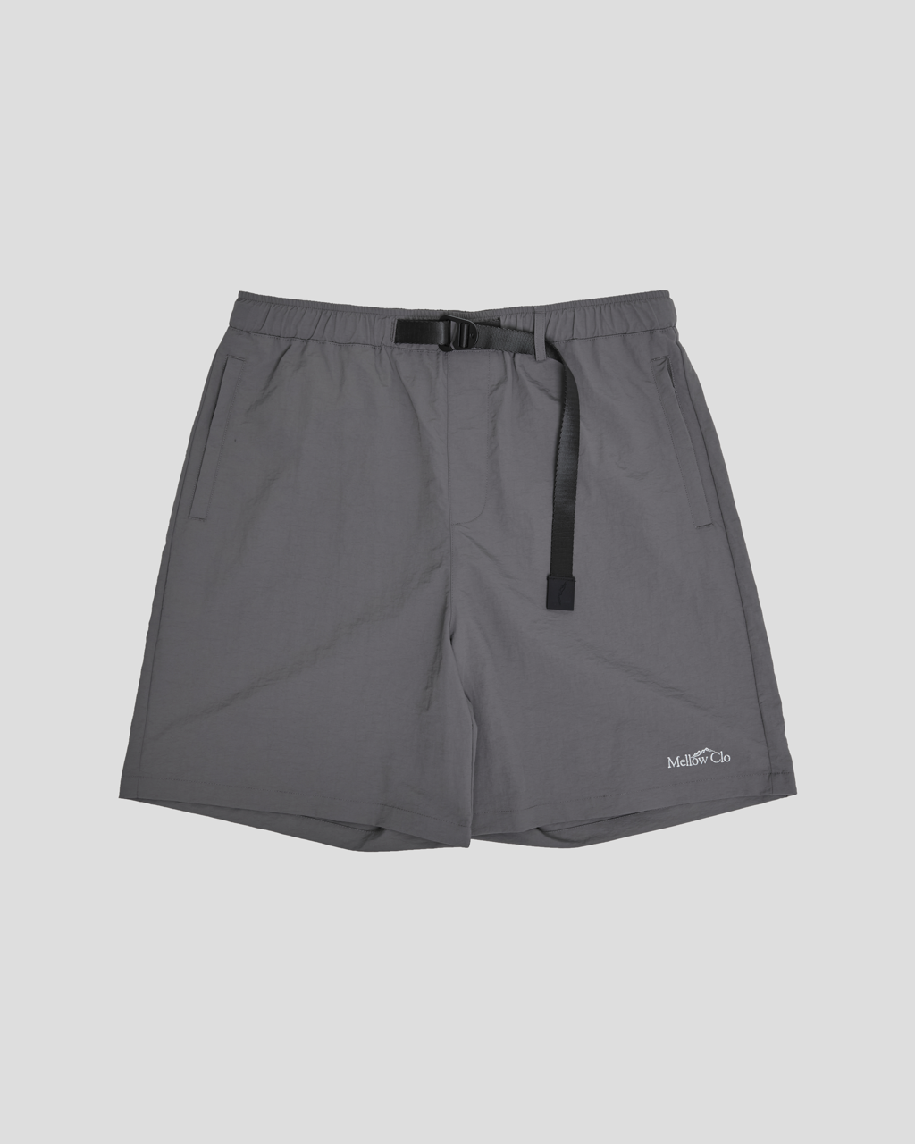 Gray shorts with a black belt on a light gray background