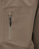 Close-up of a brown jacket with a zipper pocket and 'Mellow Clo' logo.